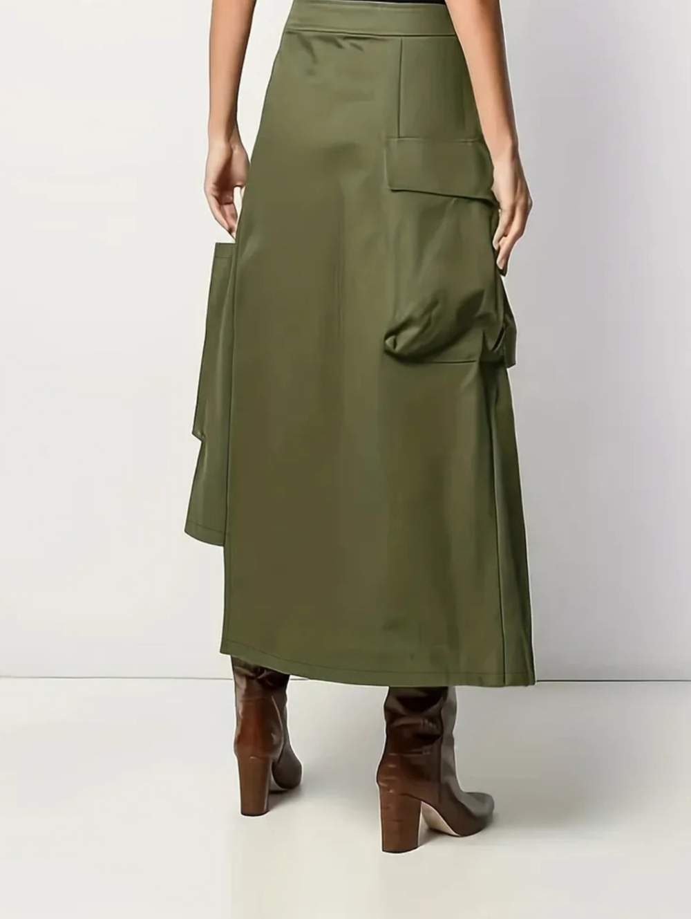 Olive Green Utility Midi Skirt with Cargo Pockets - Picture 2 of 5